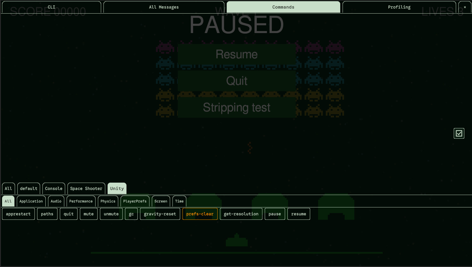 The Commands tab: the output on top, the buttons and their groups below.