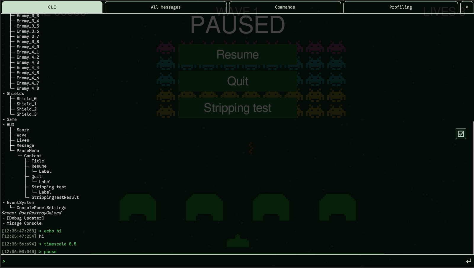 The CLI tab: entries in green, their output under them.