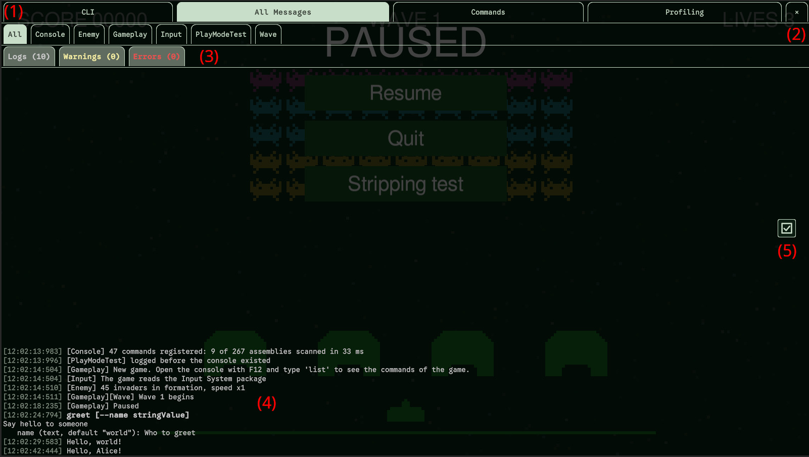 The parts of the console window.