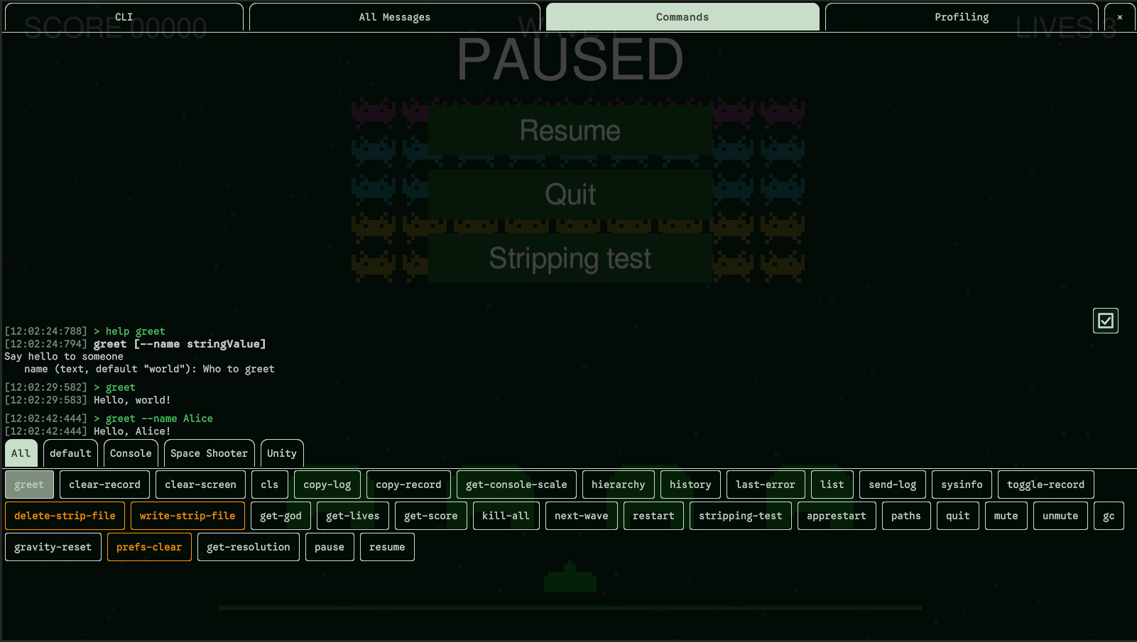 The greet command has its own button in the Commands tab.