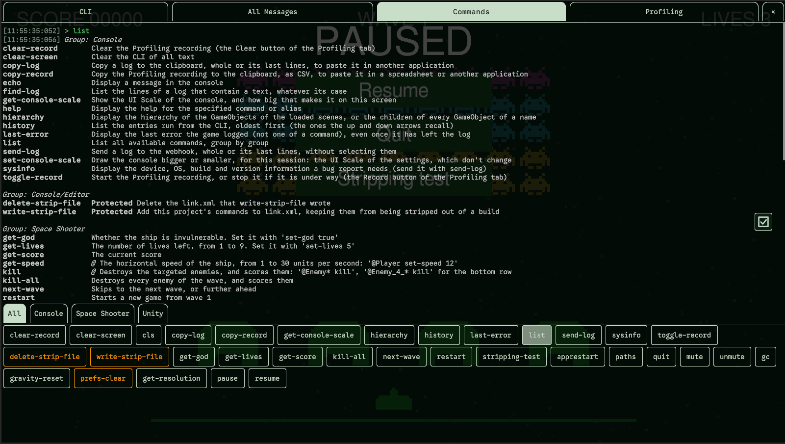 What list shows: the commands, group by group.