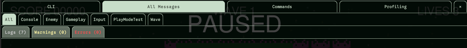 The tab bar: CLI, All Messages, Commands and Profiling, and the close button.