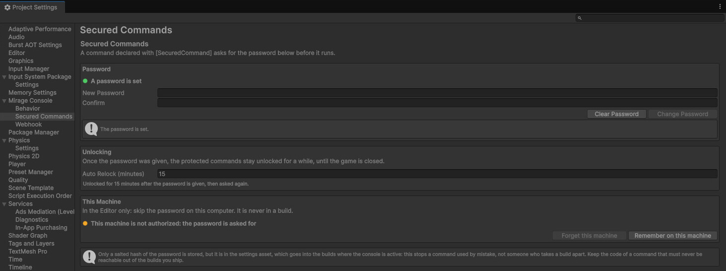 The Secured Commands page, unlocked.